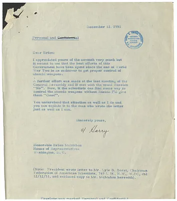 Letter from President Harry S. Truman to Senator Brien McMahon