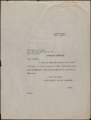 Mary Donovan (Sacco-Vanzetti Defense Committee) typed note (copy) to The Road to Freedom, Boston, Mass., October 1, 1927