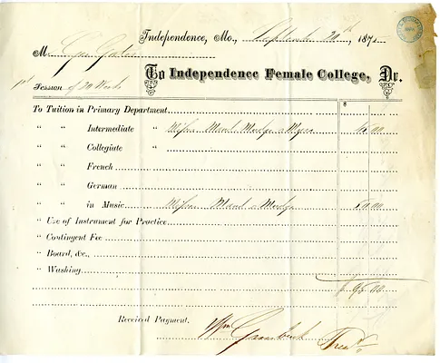 Tuition Receipt for Independence Female College