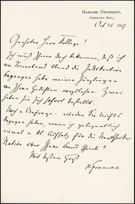 Francke, Kuno, 1855-1930 autograph letter signed to Hugo Münsterberg, Cambridge, Mass., 25 October 1897