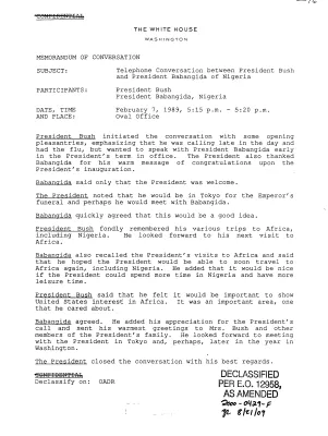 Telephone Conversation between President Bush and President Babangida of Nigeria, February 7, 1989