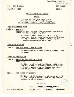 Agenda for the Sixty-Fifth Meeting of the National Security Council