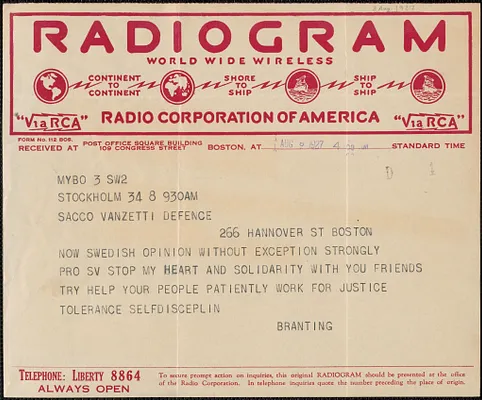 Georg Branting telegram to Sacco-Vanzetti Defense Committee, Stockholm, Sweden, August 8, 1927