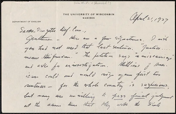 [Leonard?] (University of WIsconsin, Madison) autograph letter signed to Sacco-Vanzetti Defense Committee, Madison, Wisc., April 21, 1927