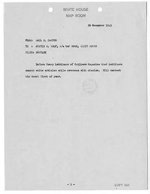 Cable from Lieutenant Colonel Gail Carter to Justin Wolf