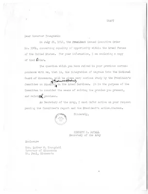 Draft of Letter from Secretary of the Army Kenneth Royall to Governor Luther Youngdahl