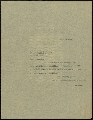 Sacco-Vanzetti Defense Committee typed note (copy) to International Labor Defense Office, Boston, Mass., November 29, 1926