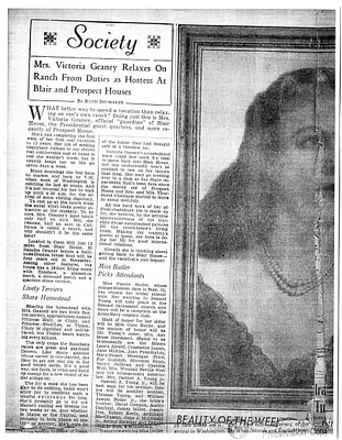 Newspaper Article, "Mrs. Victoria Geaney Relaxes on Ranch From Duties as Hostess at Blair and Prospect Houses," by Ruther Shumaker
