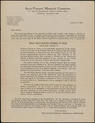 Sacco-Vanzetti Memorial Committee typed letter (circular), Boston, Mass., August 13, 1929