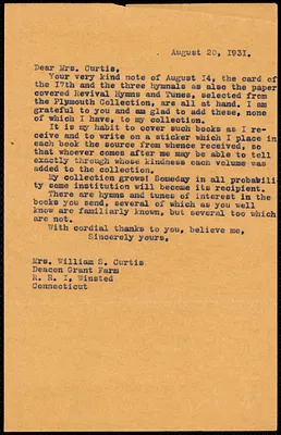 [Letter] 1931, August 20 [to] Mrs. William S. Curtis, Winstead, Connecticut