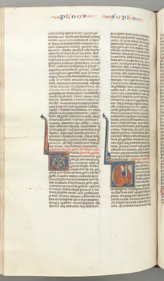 Fol. 362v, Zephaniah, historiated initial V, Zephaniah kneeling with a scroll, bust of God above