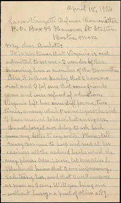 Bartolomeo Vanzetti autographed letter signed to Almeto [Fabbri], [Charlestown], 18 April 1924