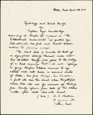 Boettcher, Wilhelmina manuscript, Boston, 14 April 1914: Psychology and Social Sanity by Professor Hugo Münsterberg
