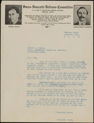 Sacco-Vanzetti Defense Committee typed letter (copy) to Albert F. Coyle (Locomotive Engineers Journal), Boston, Mass., December 20, 1923