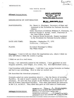 September 27, 1975 - Kissinger, William Clements, General George S. Brown