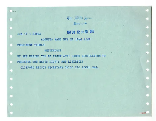 Telegram from Clifford Reisch to President Harry S. Truman