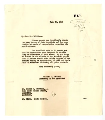 Letter from Robert K. Williams to President Harry S. Truman with Attached Newspaper Clipping with a Reply from William D. Hassett