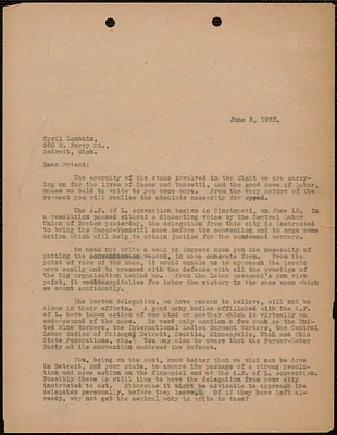 Sacco-Vanzetti Defense Committee typed letter (copy) to Cyril Lambkin, Boston, Mass., June 5, 1922