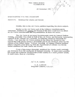 Memorandum from General Robert Landry to President Harry S. Truman, with Related Material