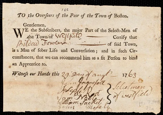 James Dumphy indentured to apprentice with Bildad Fowler of Westfield, 2 January 1764