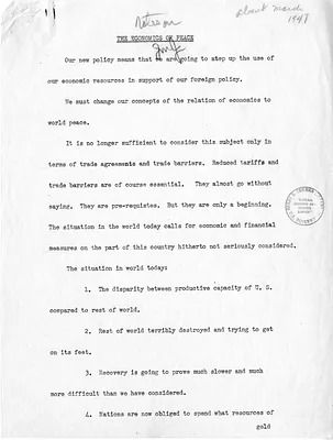 Notes on Speech for Dean Acheson, The Economics of Peace