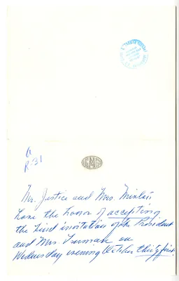 Invitation Reply from Justice and Mrs. Sherman Minton to the White House Social Office