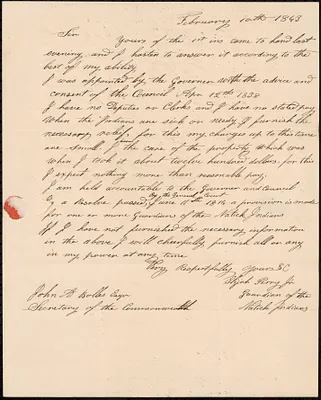 Natick - Letter from Elijah Perry Jr. to John A. Bolles, February 10, 1843