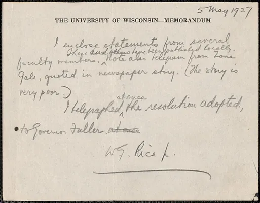 W. G. Rice Jr. autograph note signed to Sacco-Vanzetti Defense Committee, Madison, Wis., May 5, 1927