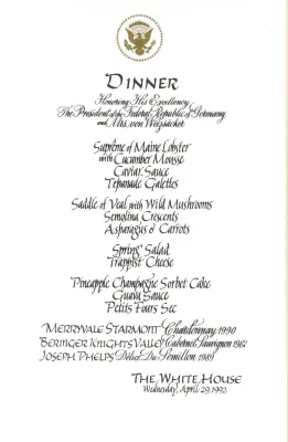 Cards-Menus, Dinner, Honoring His Excellency The President of the Federal Republic of Germany and Mrs. von Weizsacker, The White House, April 29, 1992