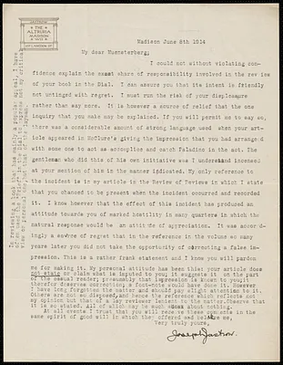 Jastrow, Joseph, 1863-1944 typed letter signed to Hugo Münsterberg, Madison, Wis., 8 June 1914
