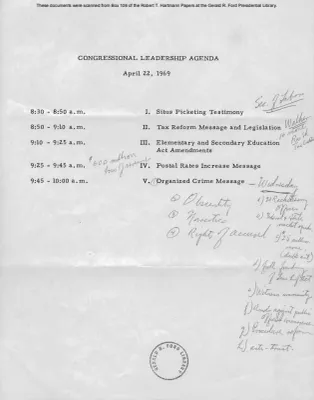 White House - Congressional Leadership Meeting, 4/22/69 (includes minutes and Ford notes)