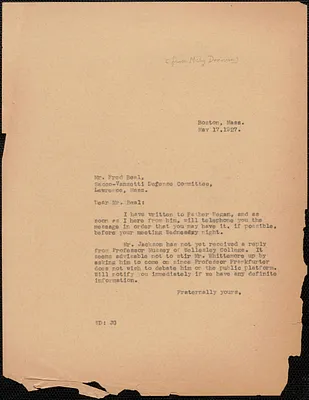 Mary Donovan (Sacco-Vanzetti Defense Committee) typed letter (copy) to Fred E. Beal (Lawrence Sacco-Vanzetti Defense Committee), Boston, Mass., May 17, 1927