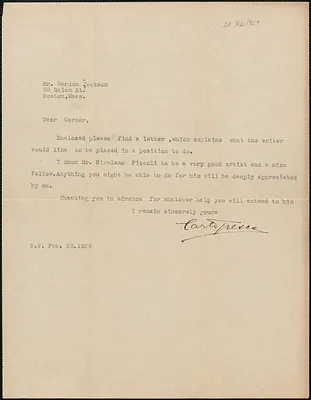 Carlo Tresca typed note signed to Gardner Jackson, New York, N. Y., February 28, 1929