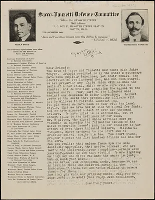 Sacco-Vanzetti Defense Committee typed letter (circular), Boston, Mass., [December 1923?]