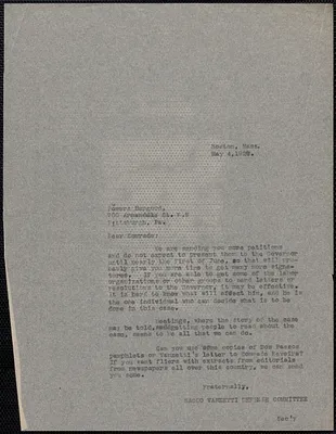 Sacco-Vanzetti Defense Committee typed letter (copy) to Powers Hapgood, Boston, Mass., May 4, 1927