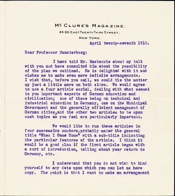 Cather, Willa Sibert, 1873-1947 typed letter signed to Hugo Münsterberg, New York, 27 April 1910