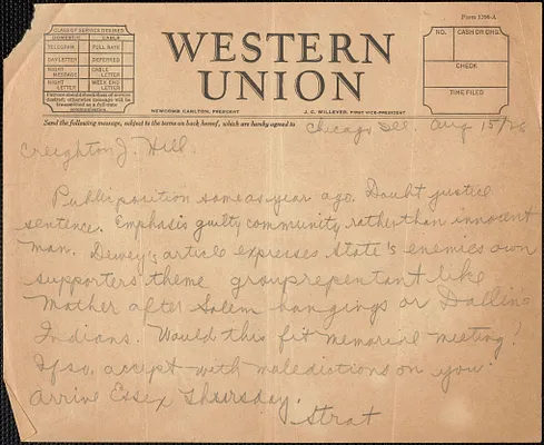 Harold L. Stratton autograph telegram to Creighton J. Hill, Chicago, Ill., August 15, 1928