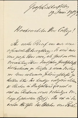 Pfleiderer, Otto, 1839-1908 autograph letter signed to Hugo Münsterberg, Grosslichterfelde, Ger., 19 June 1907