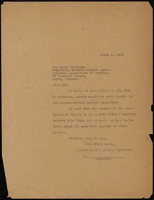 Sacco-Vanzetti Defense Committee typed letter (copy) to James Freeland (Granite Cutters International Association of America), Boston, Mass., March 1, 1924