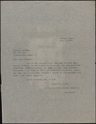 Sacco-Vanzetti Defense Committee typed letter (copy) to Rebecca Holmes, Boston, Mass., February 3, 1927