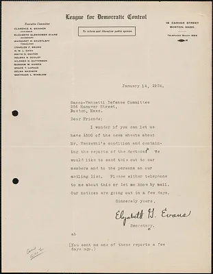 Elizabeth G[lendower] Evans (League for Democratic Control) typed letter signed to Sacco-Vanzetti Defense Committee, Boston, Mass., January 14, 1924