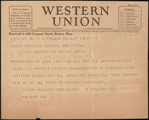 Mike Shulman (Sacco-Vanzetti Conference) telegram to Sacco-Vanzetti Defense Committee, Los Angeles, Calif., April 22, 1927