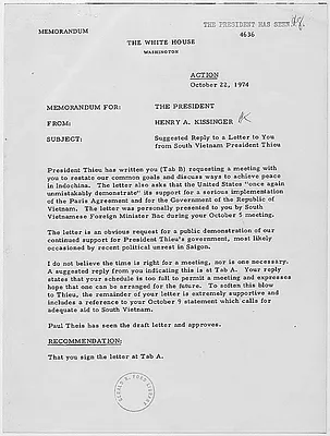 Memorandum from Secretary of State Henry Kissinger to President Gerald R. Ford concerning a suggested reply to a letter from South Vietnam's President Thieu