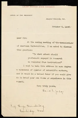 Jordan, David Starr, 1851-1931 typed letter signed to Hugo Münsterberg, Stanford Univ., Calif., 06 October 1905