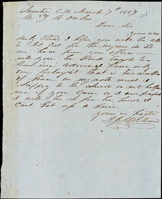 A. J. McElveen, Sumter Court House, S.C., autograph note signed to Ziba B. Oakes, 7 March 1857