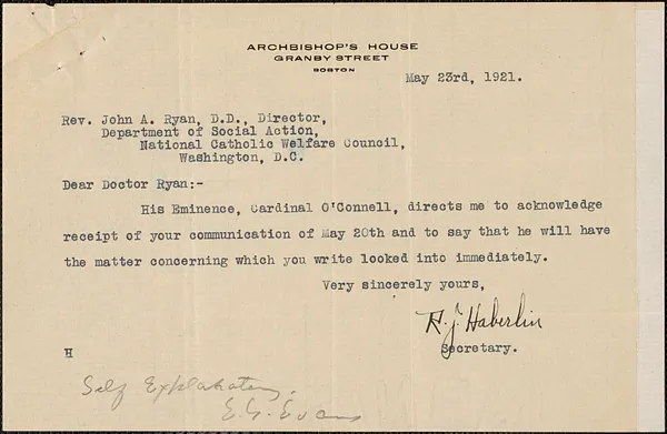 R. J. Haberlin typed note signed to John A. Ryan (Department of Social Action, National Catholic Welfare Council), Boston, Mass., May 23, 1921