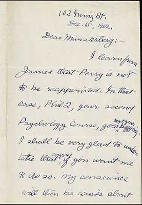 Royce, Josiah, 1855-1916 autograph letter signed to Hugo Münsterberg, Cambridge, Mass., 15 December 1902