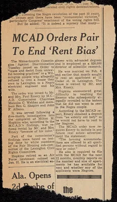 Newspaper clipping, “MCAD Orders Pair to End ‘Rent Bias’”