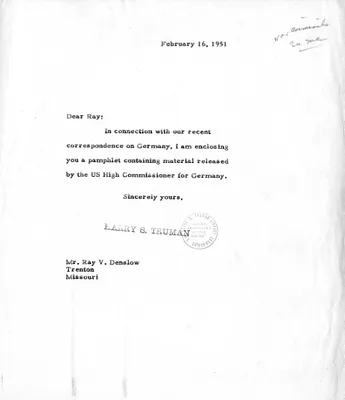 Letter from President Harry S. Truman to Ray V. Denslow
