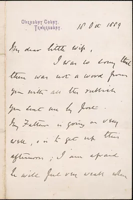 [John Biddulph Martin] autograph note to [Victoria Woodhull Martin], Tewkesbury [England], October 18, 1889